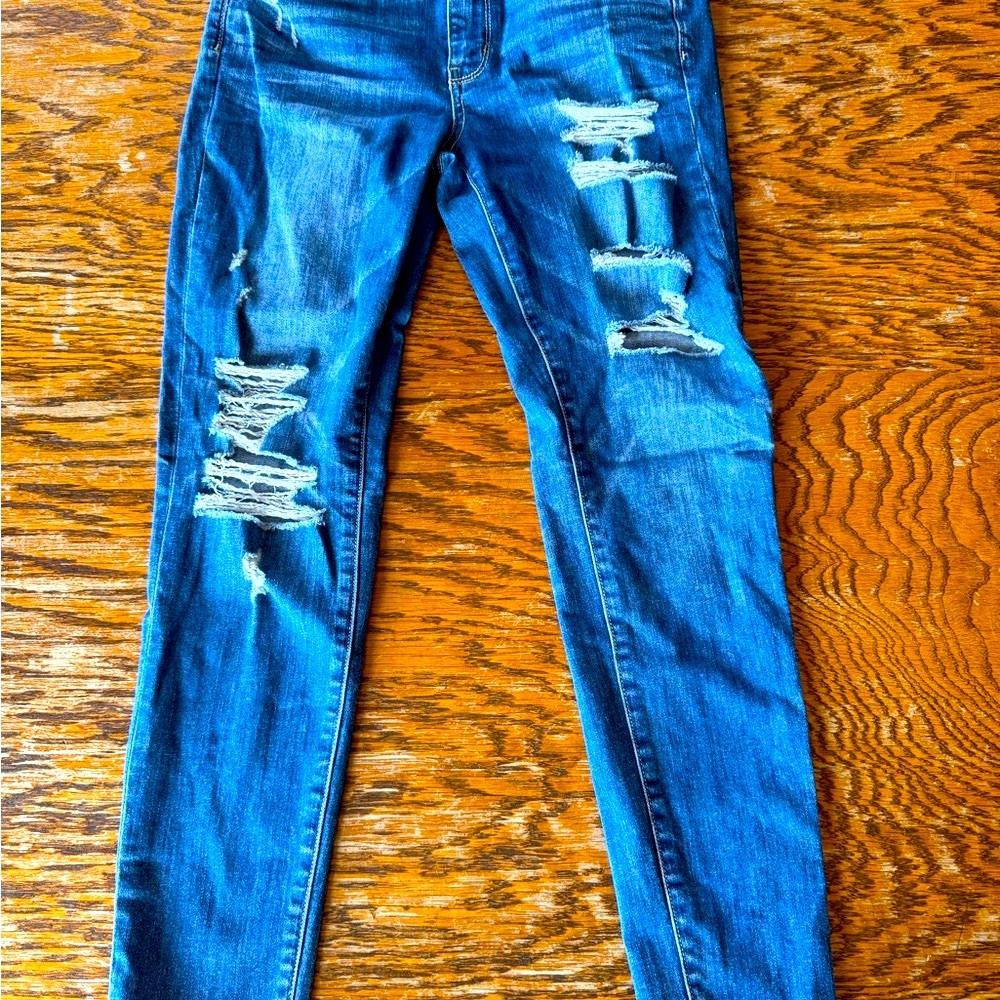 Distressed American Eagle Hi-Rise Jegging Super Stretch X Blue Jean